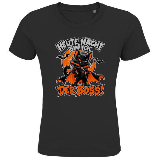 JA Nachtboss – Kinder-T-Shirt in Schwarz, Vorderansicht, Frontdruck: Schwarze Katze im Umhang: „Heute Nacht bin ich der Boss!“