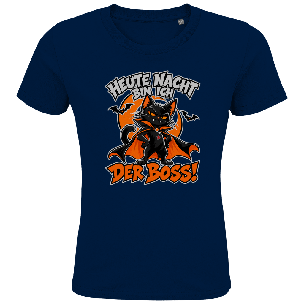JA Nachtboss – Kinder-T-Shirt in Marineblau, Vorderansicht, Frontdruck: Schwarze Katze im Umhang: „Heute Nacht bin ich der Boss!“