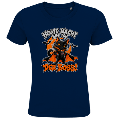 JA Nachtboss – Kinder-T-Shirt in Marineblau, Vorderansicht, Frontdruck: Schwarze Katze im Umhang: „Heute Nacht bin ich der Boss!“