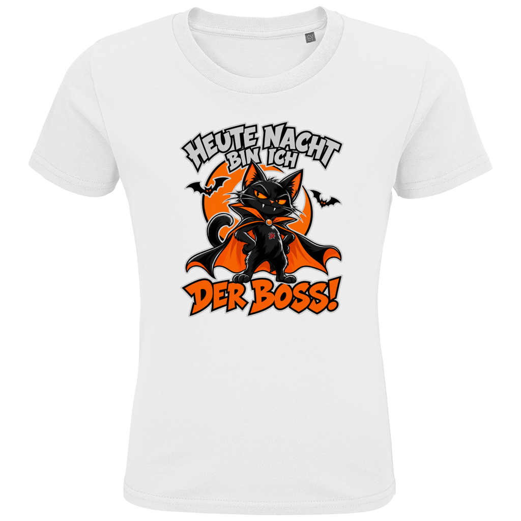 JA Nachtboss – Kinder-T-Shirt in Weiß, Vorderansicht, Frontdruck: Schwarze Katze im Umhang: „Heute Nacht bin ich der Boss!“