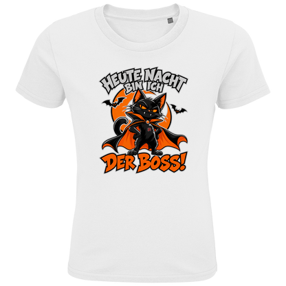 JA Nachtboss – Kinder-T-Shirt in Weiß, Vorderansicht, Frontdruck: Schwarze Katze im Umhang: „Heute Nacht bin ich der Boss!“