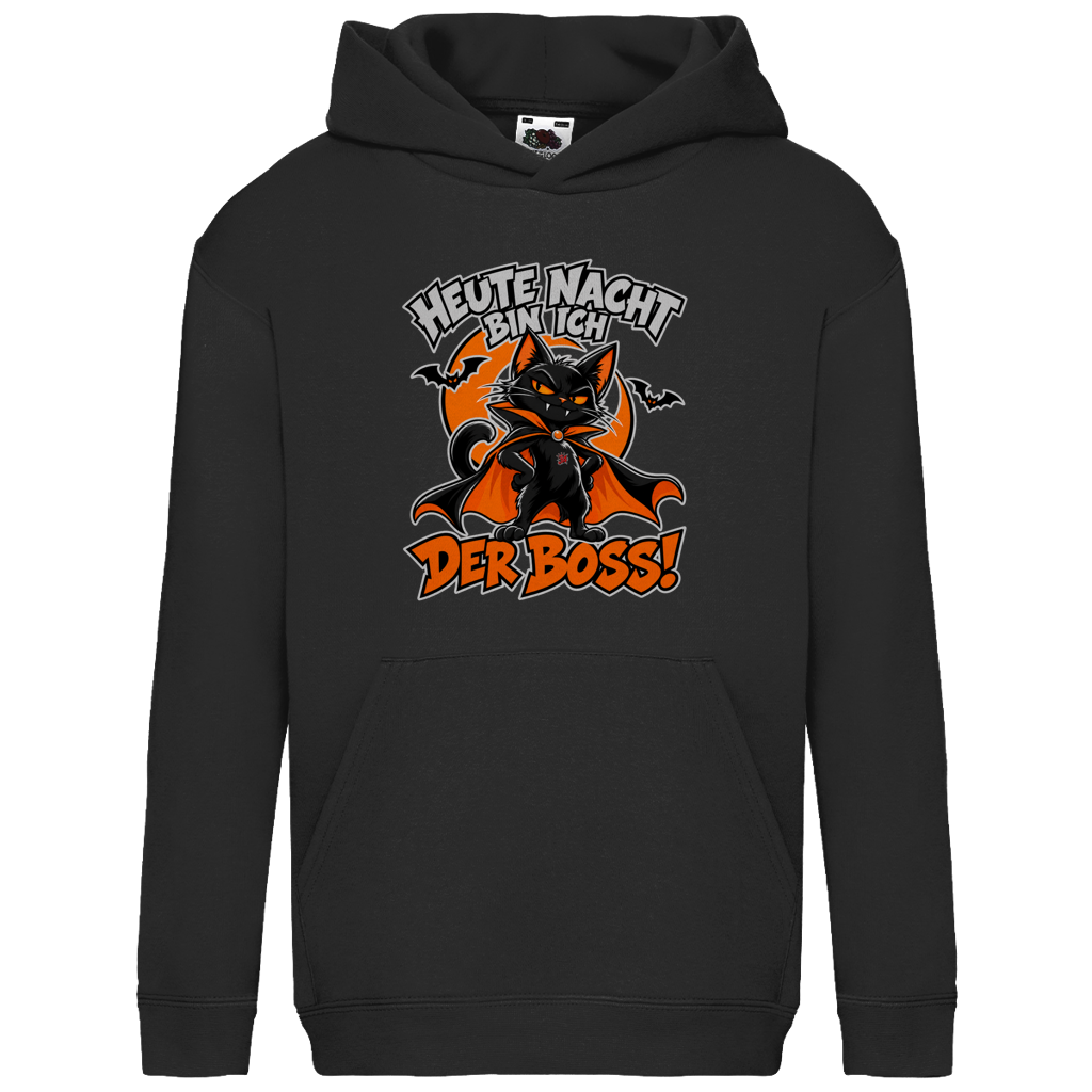 JA Nachtboss – Kinder-Hoodie in Schwarz, Vorderansicht, Frontdruck: Schwarze Katze im Umhang: „Heute Nacht bin ich der Boss!“