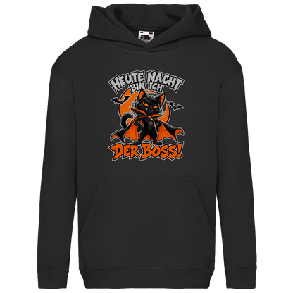 JA Nachtboss – Kinder-Hoodie in Schwarz, Vorderansicht, Frontdruck: Schwarze Katze im Umhang: „Heute Nacht bin ich der Boss!“