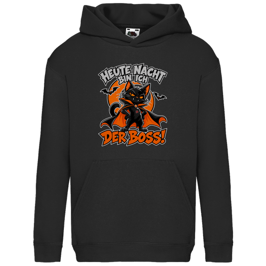 JA Nachtboss – Kinder-Hoodie in Schwarz, Vorderansicht, Frontdruck: Schwarze Katze im Umhang: „Heute Nacht bin ich der Boss!“