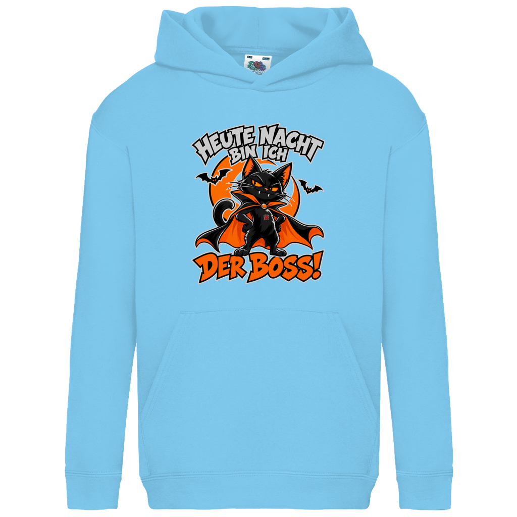 JA Nachtboss – Kinder-Hoodie in Himmelblau, Vorderansicht, Frontdruck: Schwarze Katze im Umhang: „Heute Nacht bin ich der Boss!“