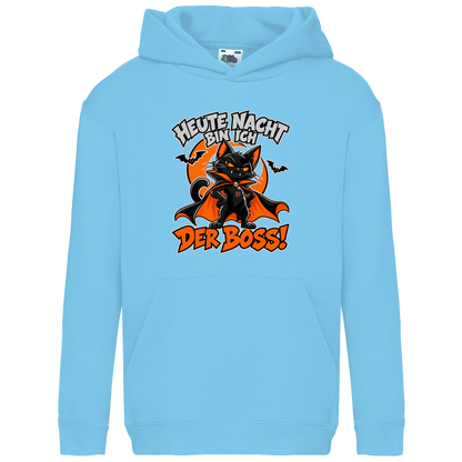 JA Nachtboss – Kinder-Hoodie in Himmelblau, Vorderansicht, Frontdruck: Schwarze Katze im Umhang: „Heute Nacht bin ich der Boss!“