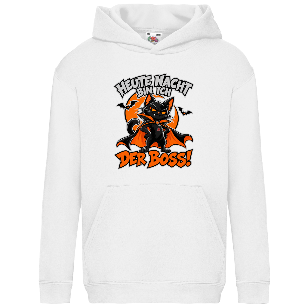 JA Nachtboss – Kinder-Hoodie in Weiß, Vorderansicht, Frontdruck: Schwarze Katze im Umhang: „Heute Nacht bin ich der Boss!“