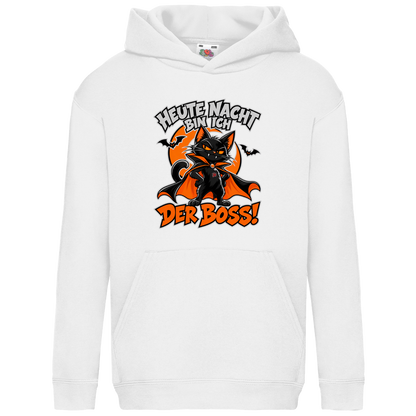 JA Nachtboss – Kinder-Hoodie in Weiß, Vorderansicht, Frontdruck: Schwarze Katze im Umhang: „Heute Nacht bin ich der Boss!“