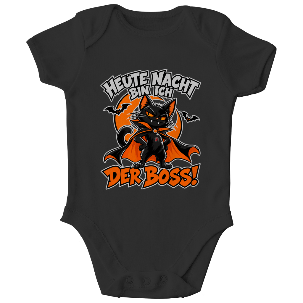 JA Nachtboss – Baby-Body in Schwarz, Vorderansicht, Frontdruck: Schwarze Katze im Umhang: „Heute Nacht bin ich der Boss!“