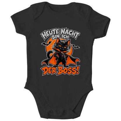 JA Nachtboss – Baby-Body in Schwarz, Vorderansicht, Frontdruck: Schwarze Katze im Umhang: „Heute Nacht bin ich der Boss!“