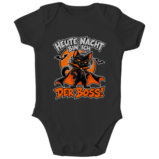 JA Nachtboss – Baby-Body in Schwarz, Vorderansicht, Frontdruck: Schwarze Katze im Umhang: „Heute Nacht bin ich der Boss!“