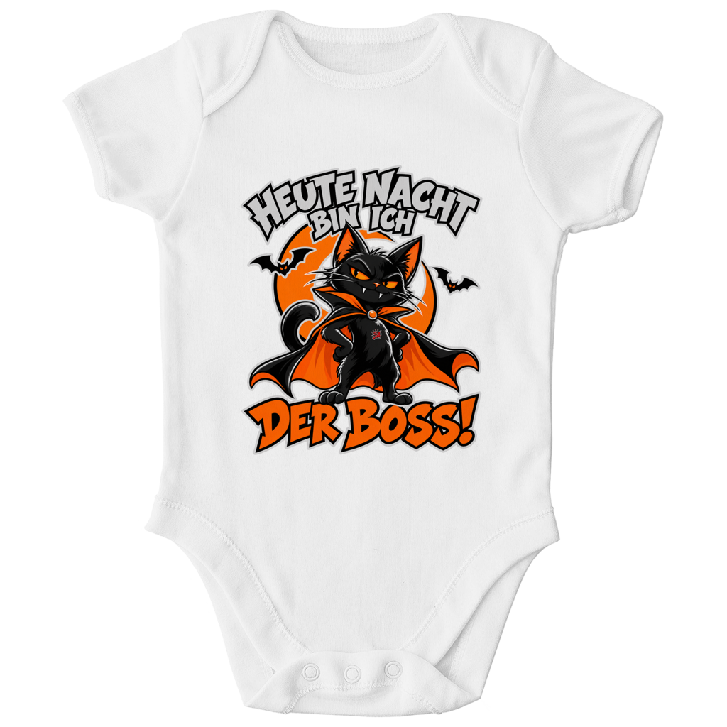 JA Nachtboss – Baby-Body in Weiß, Vorderansicht, Frontdruck: Schwarze Katze im Umhang: „Heute Nacht bin ich der Boss!“