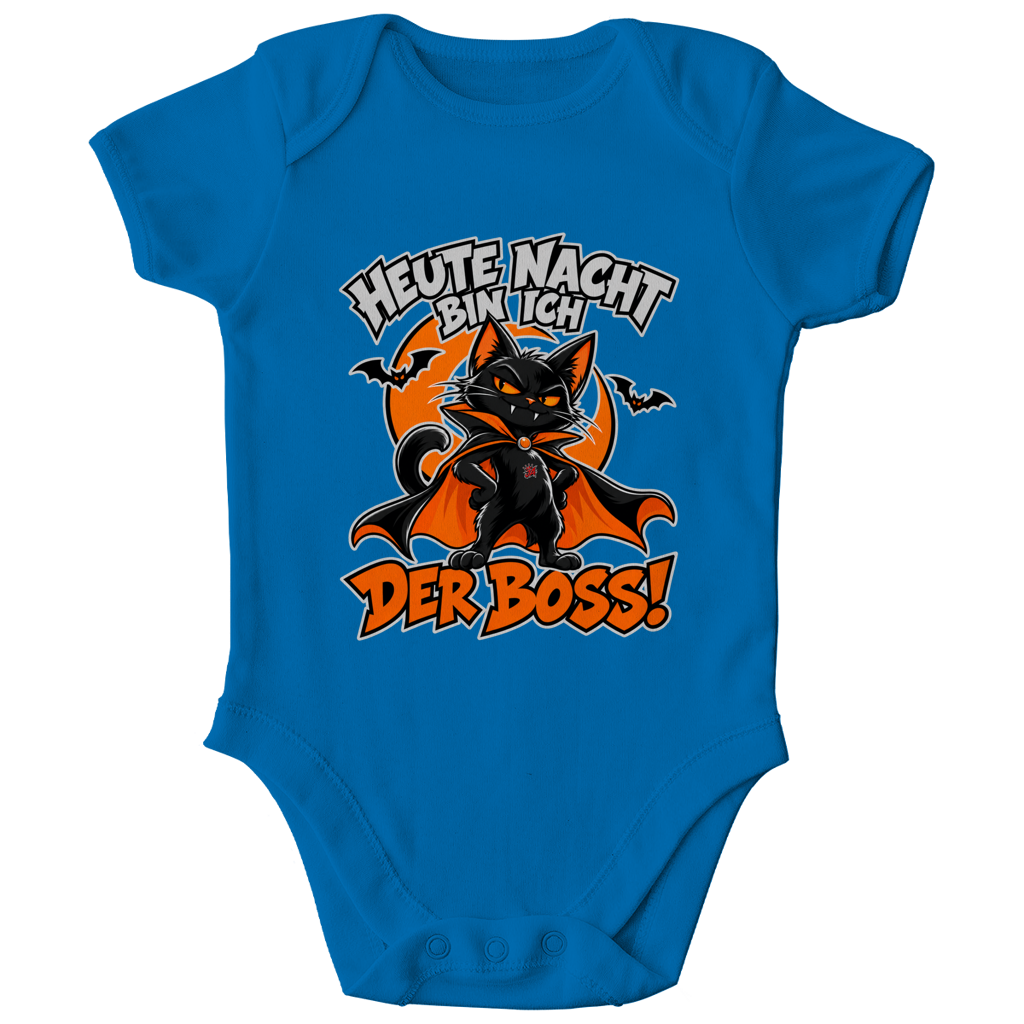JA Nachtboss – Baby-Body in Kobaltblau, Vorderansicht, Frontdruck: Schwarze Katze im Umhang: „Heute Nacht bin ich der Boss!“