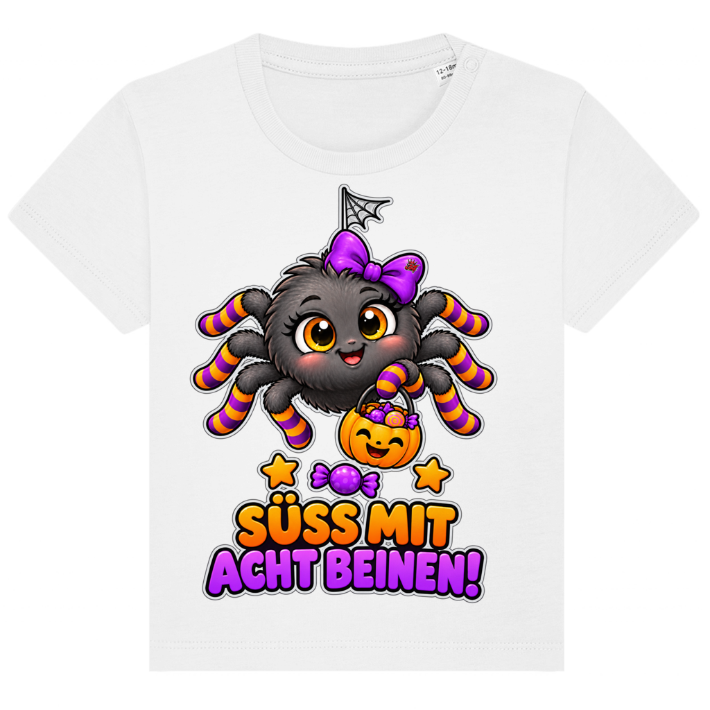 JA Schleifenspuk – Baby-T-Shirt in Weiß, Vorderansicht, Frontdruck: Niedliche Spinne mit Schleife: „Süß mit acht Beinen!“