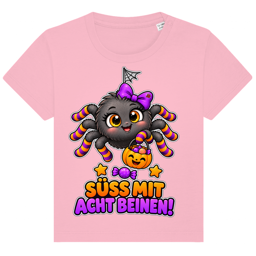 JA Schleifenspuk – Baby-T-Shirt in Rosa, Vorderansicht, Frontdruck: Niedliche Spinne mit Schleife: „Süß mit acht Beinen!“