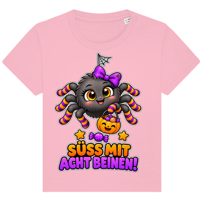 JA Schleifenspuk – Baby-T-Shirt in Rosa, Vorderansicht, Frontdruck: Niedliche Spinne mit Schleife: „Süß mit acht Beinen!“