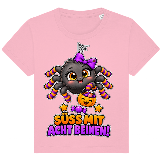 JA Schleifenspuk – Baby-T-Shirt in Rosa, Vorderansicht, Frontdruck: Niedliche Spinne mit Schleife: „Süß mit acht Beinen!“