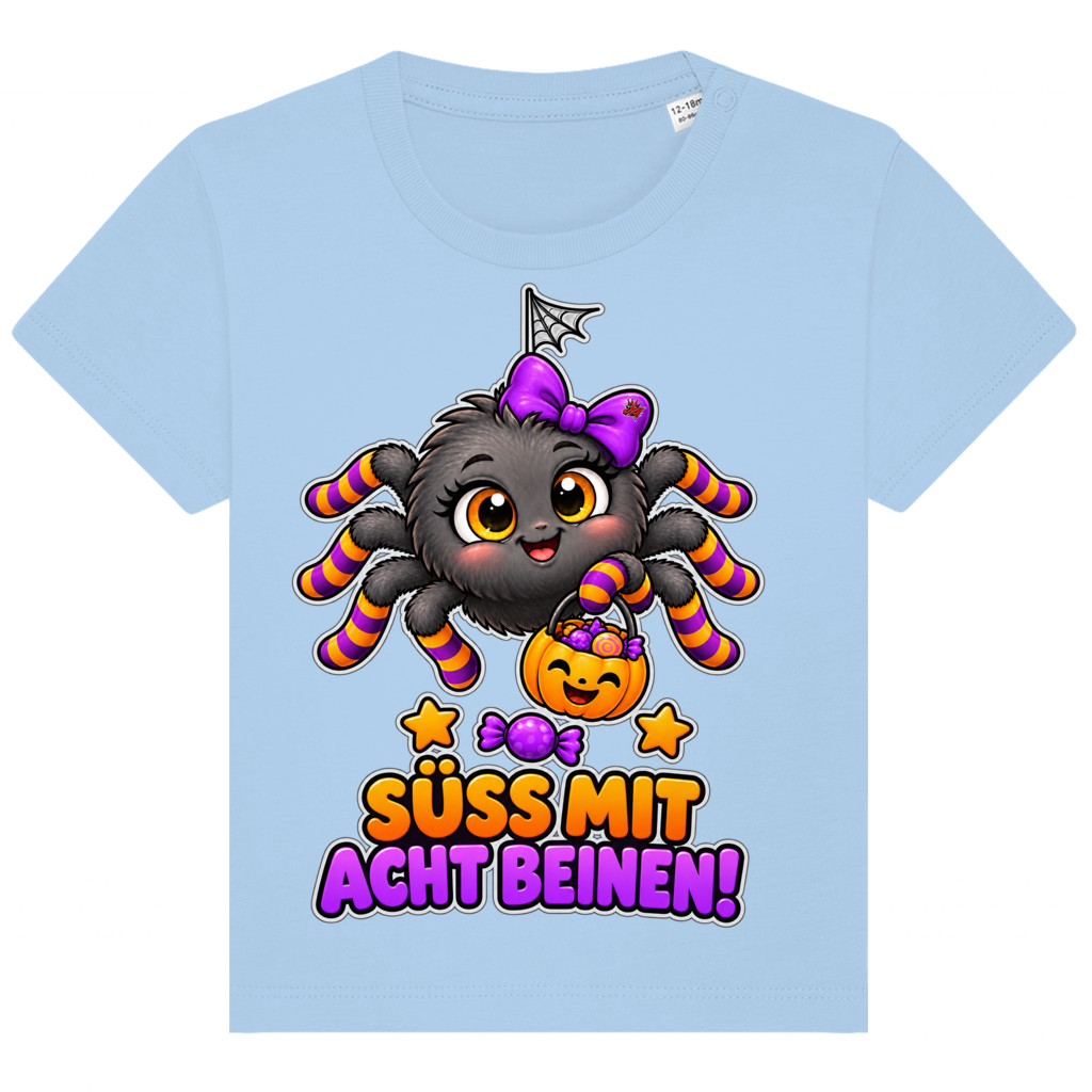 JA Schleifenspuk – Baby-T-Shirt in Blau, Vorderansicht, Frontdruck: Niedliche Spinne mit Schleife: „Süß mit acht Beinen!“