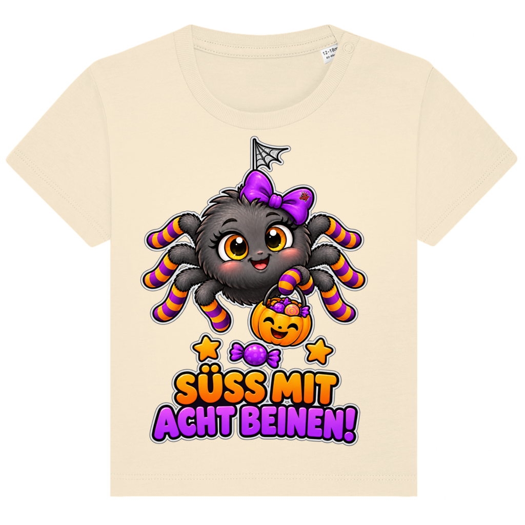 JA Schleifenspuk – Baby-T-Shirt in Natur, Vorderansicht, Frontdruck: Niedliche Spinne mit Schleife: „Süß mit acht Beinen!“