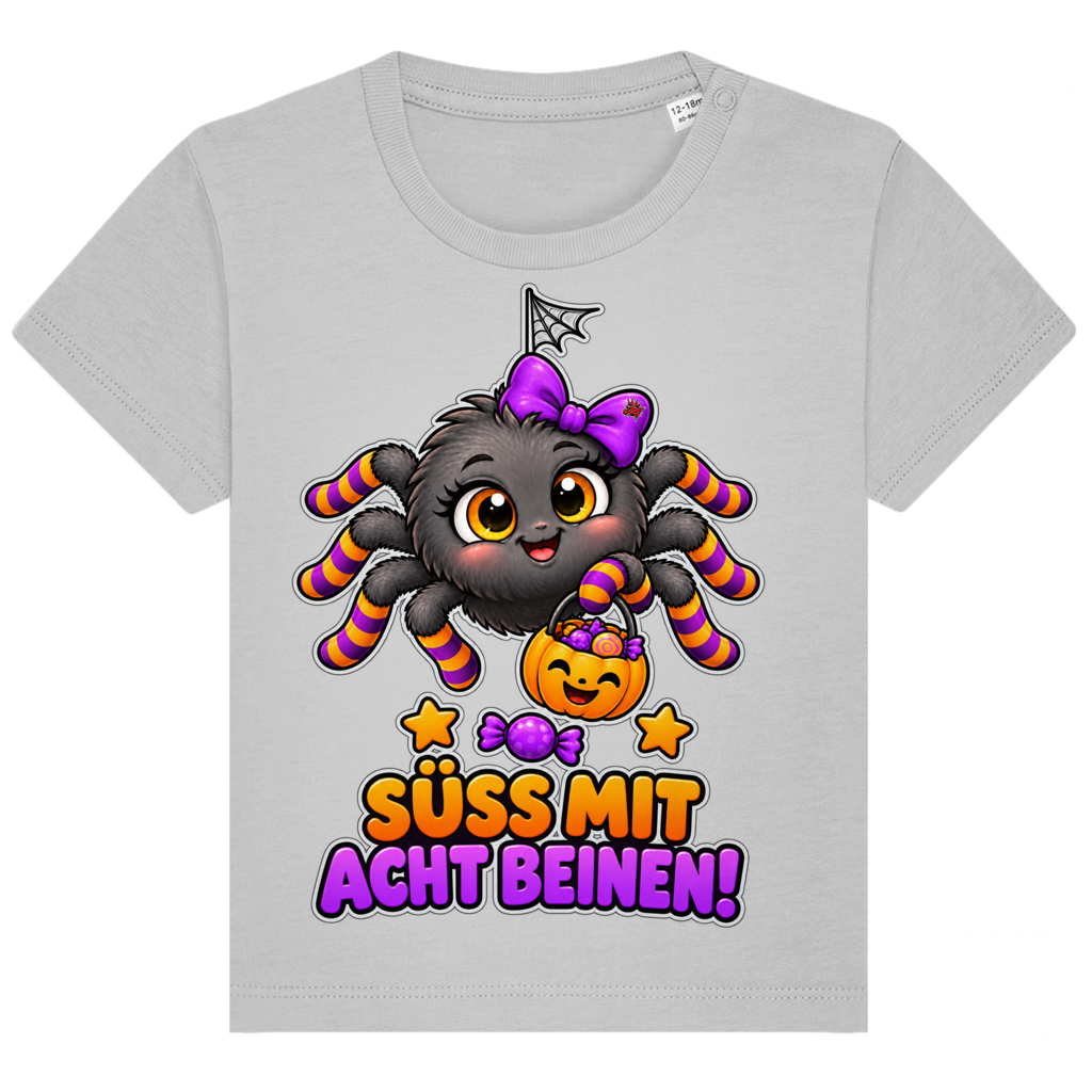 JA Schleifenspuk – Baby-T-Shirt in Grau meliert, Vorderansicht, Frontdruck: Niedliche Spinne mit Schleife: „Süß mit acht Beinen!“