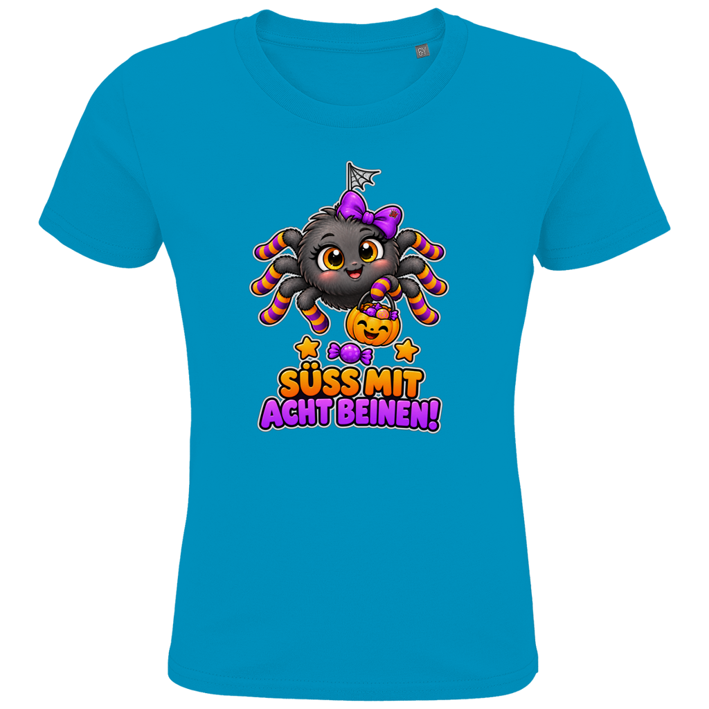 JA Schleifenspuk – Kinder-T-Shirt in Aqua, Vorderansicht, Frontdruck: Niedliche Spinne mit Schleife: „Süß mit acht Beinen!“
