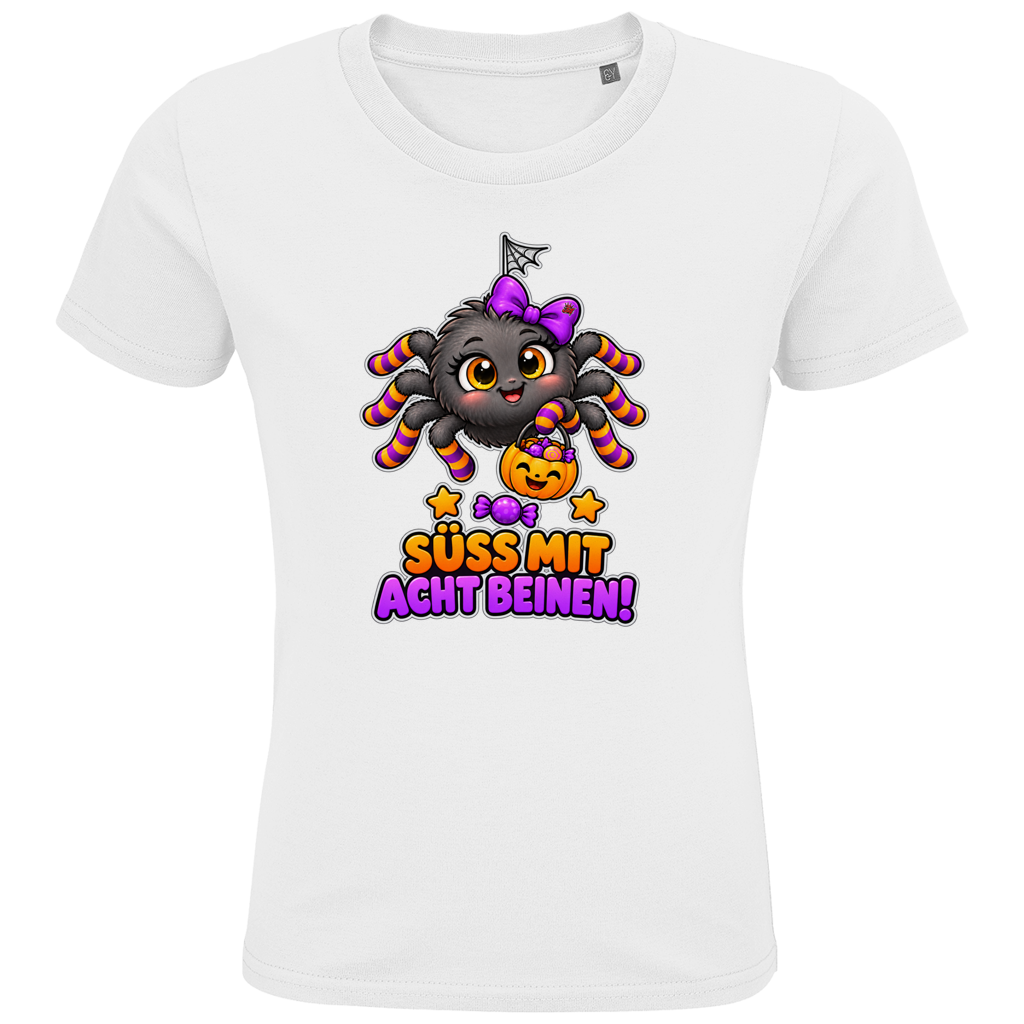 JA Schleifenspuk – Kinder-T-Shirt in Weiß, Vorderansicht, Frontdruck: Niedliche Spinne mit Schleife: „Süß mit acht Beinen!“
