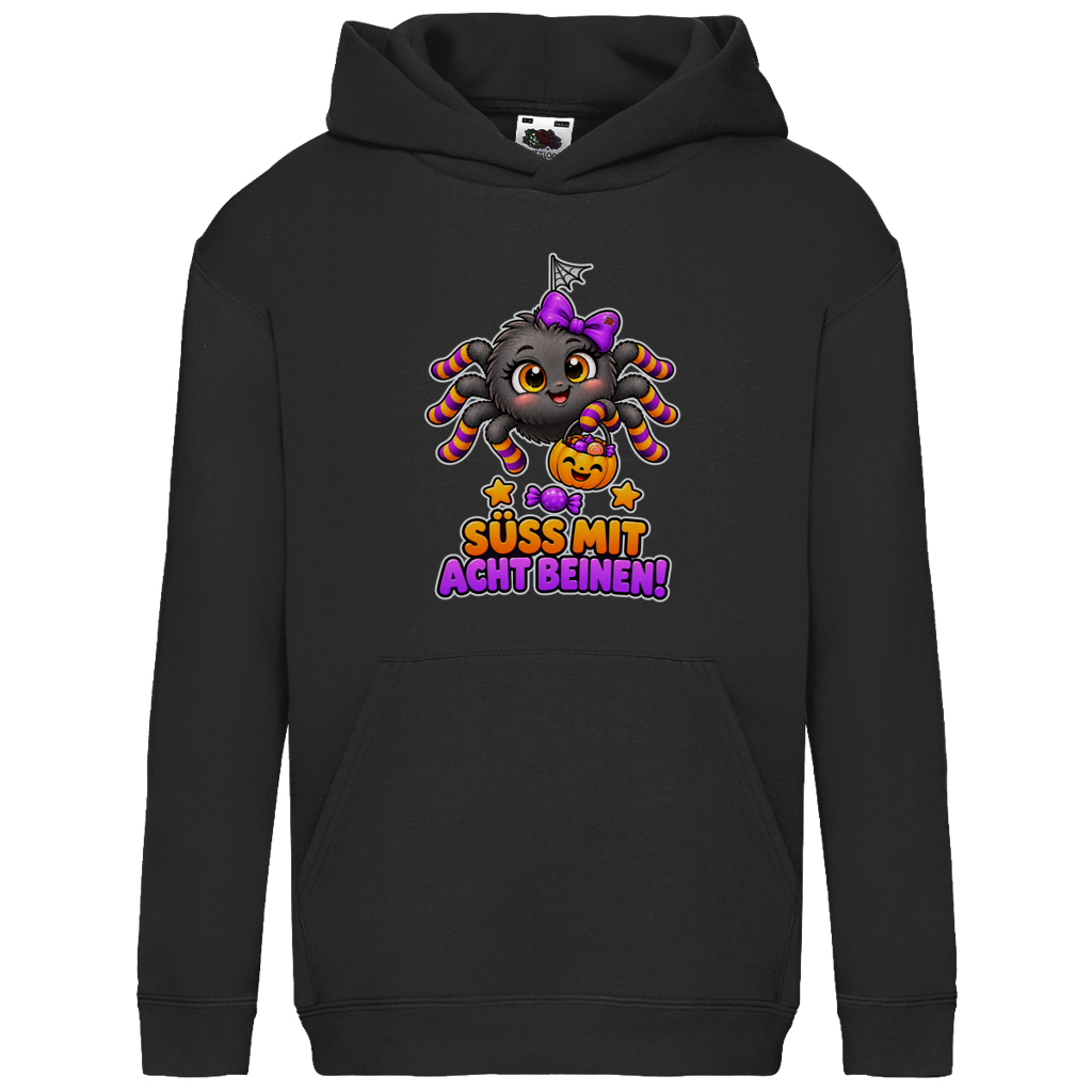 JA Schleifenspuk – Kinder-Hoodie in Schwarz, Vorderansicht, Frontdruck: Niedliche Spinne mit Schleife: „Süß mit acht Beinen!“