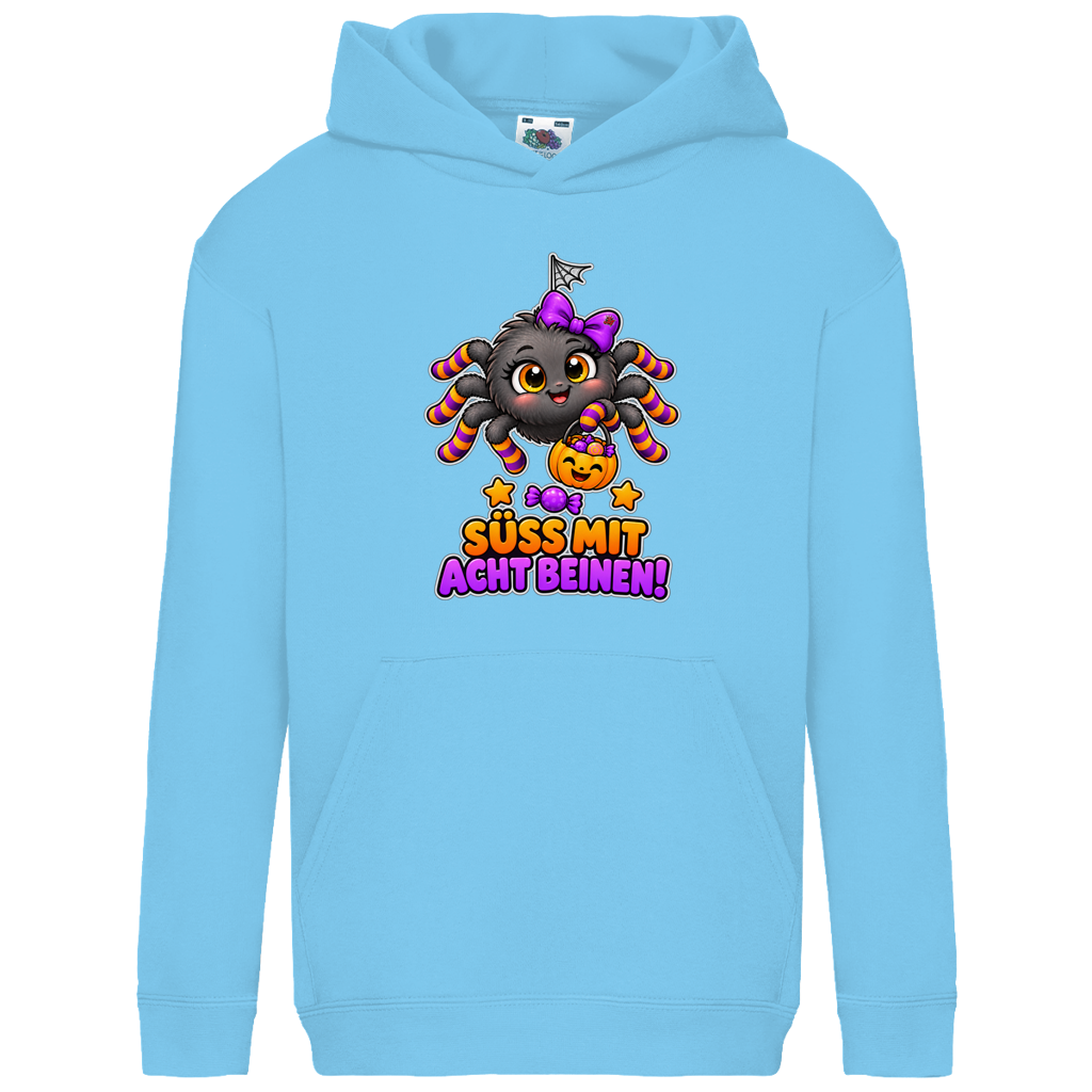 JA Schleifenspuk – Kinder-Hoodie in Himmelblau, Vorderansicht, Frontdruck: Niedliche Spinne mit Schleife: „Süß mit acht Beinen!“