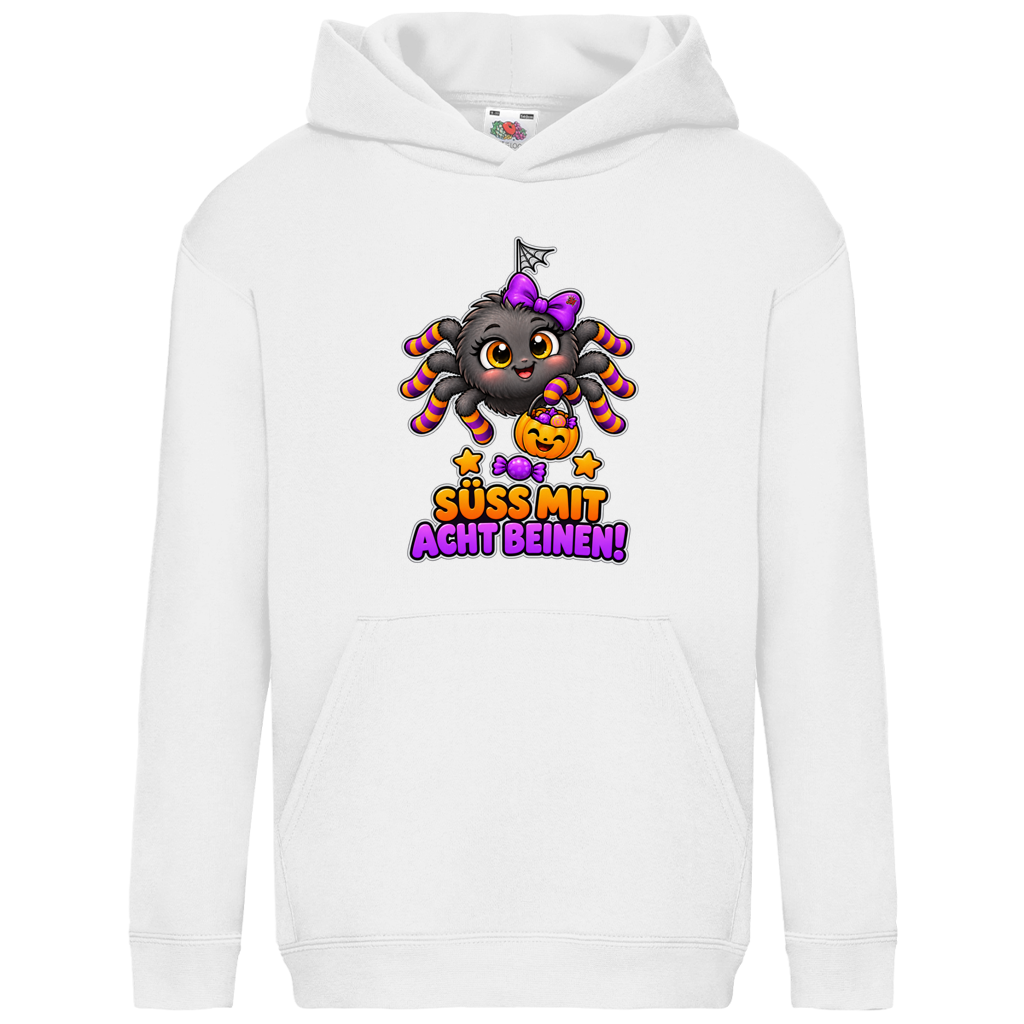 JA Schleifenspuk – Kinder-Hoodie in Weiß, Vorderansicht, Frontdruck: Niedliche Spinne mit Schleife: „Süß mit acht Beinen!“