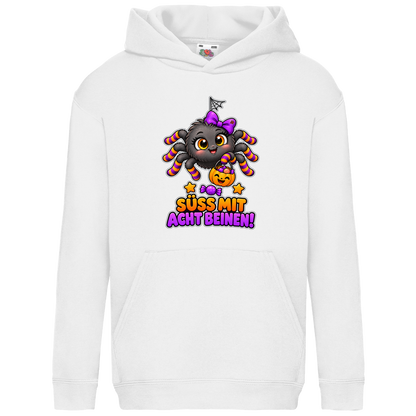 JA Schleifenspuk – Kinder-Hoodie in Weiß, Vorderansicht, Frontdruck: Niedliche Spinne mit Schleife: „Süß mit acht Beinen!“