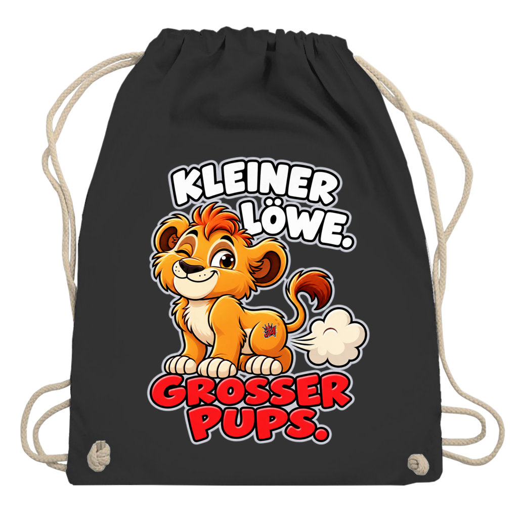 JA Pupsalarm – Turnbeutel in Schwarz, Aufdruck: Lustiger Löwe: „Kleiner Löwe. Großer Pups.“ – Kinderhumor zum Kichern