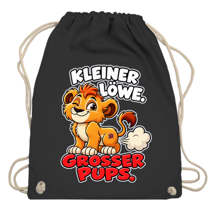 JA Pupsalarm – Turnbeutel in Schwarz, Aufdruck: Lustiger Löwe: „Kleiner Löwe. Großer Pups.“ – Kinderhumor zum Kichern