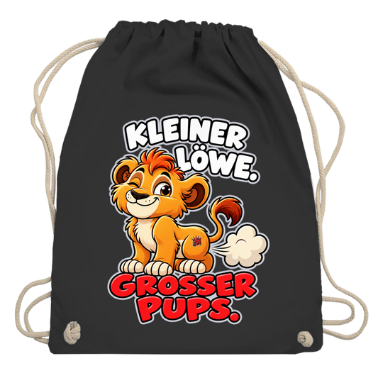 JA Pupsalarm – Turnbeutel in Schwarz, Aufdruck: Lustiger Löwe: „Kleiner Löwe. Großer Pups.“ – Kinderhumor zum Kichern