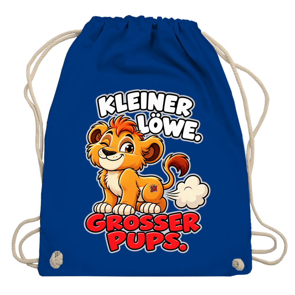 JA Pupsalarm – Turnbeutel in Königsblau, Aufdruck: Lustiger Löwe: „Kleiner Löwe. Großer Pups.“ – Kinderhumor zum Kichern