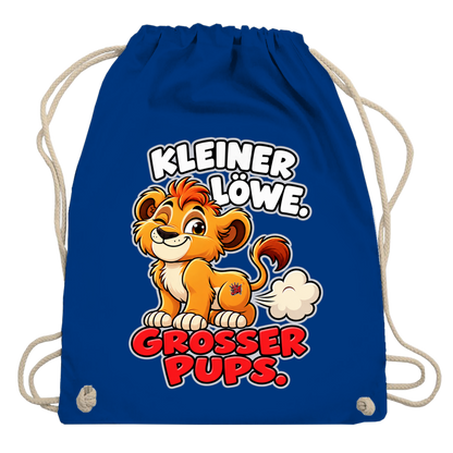JA Pupsalarm – Turnbeutel in Königsblau, Aufdruck: Lustiger Löwe: „Kleiner Löwe. Großer Pups.“ – Kinderhumor zum Kichern