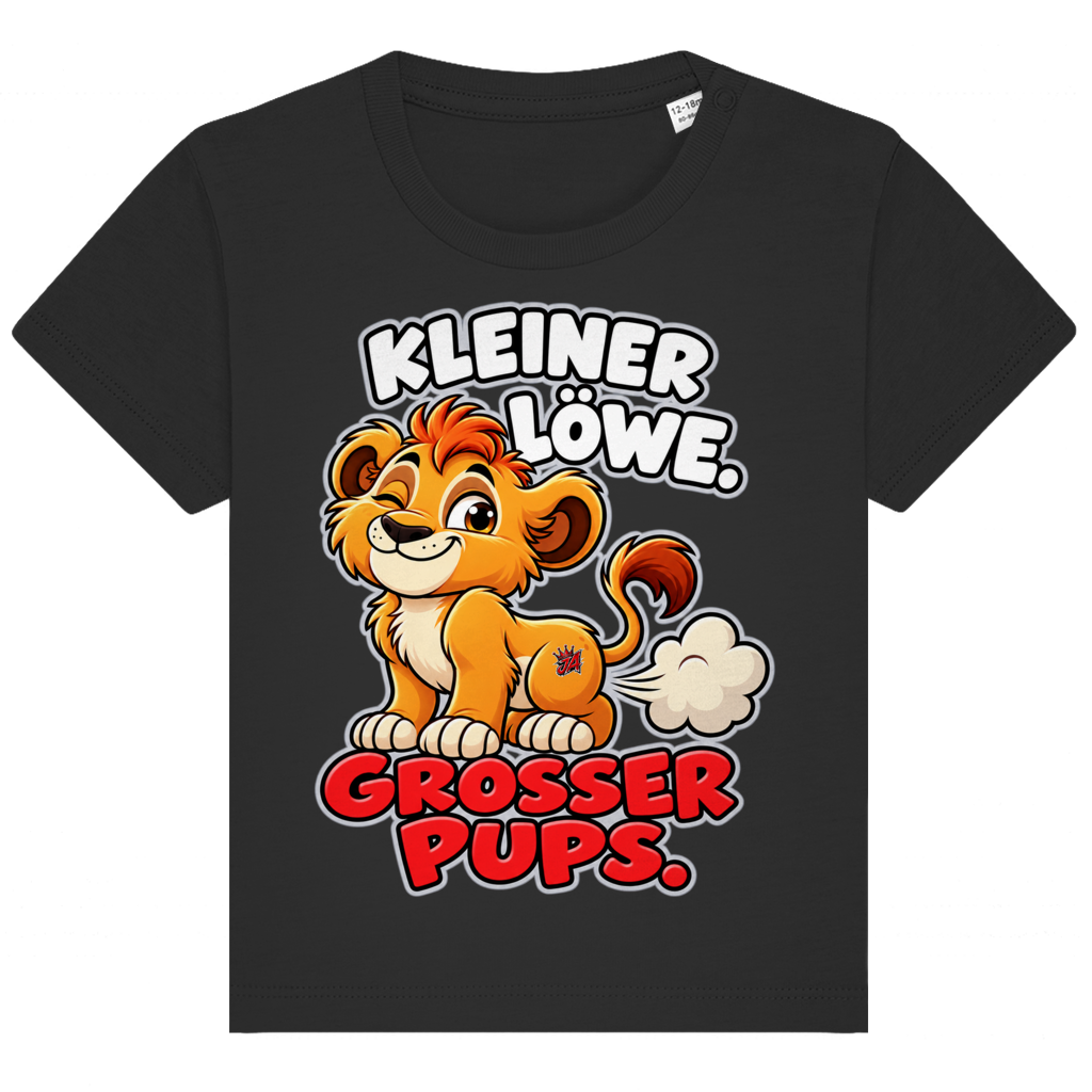 JA Pupsalarm – Baby-T-Shirt in Schwarz, Vorderansicht, Frontdruck: Lustiger Löwe: „Kleiner Löwe. Großer Pups.“ – Kinderhumor zum Kichern