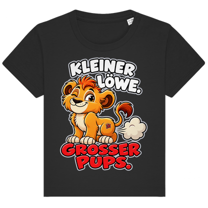 JA Pupsalarm – Baby-T-Shirt in Schwarz, Vorderansicht, Frontdruck: Lustiger Löwe: „Kleiner Löwe. Großer Pups.“ – Kinderhumor zum Kichern