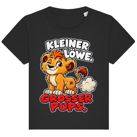 JA Pupsalarm – Baby-T-Shirt in Schwarz, Vorderansicht, Frontdruck: Lustiger Löwe: „Kleiner Löwe. Großer Pups.“ – Kinderhumor zum Kichern