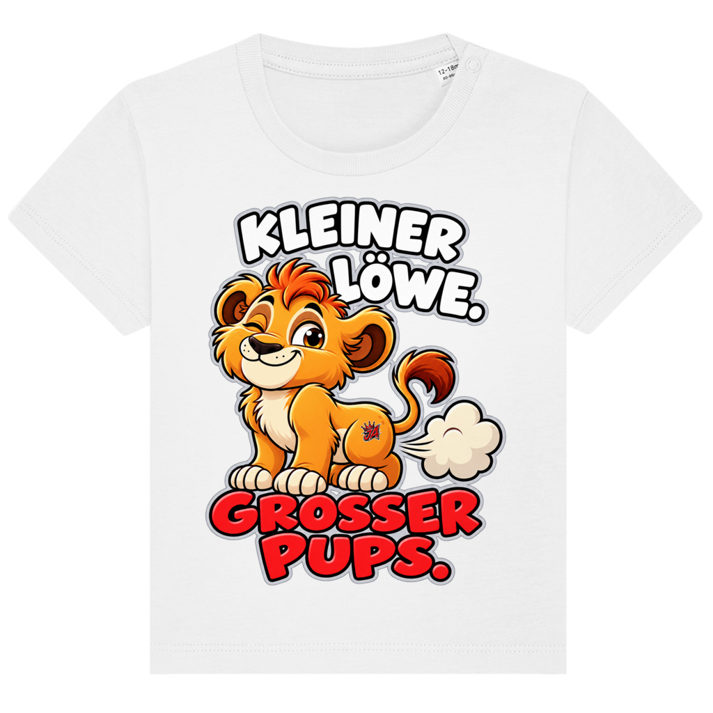 JA Pupsalarm – Baby-T-Shirt in Weiß, Vorderansicht, Frontdruck: Lustiger Löwe: „Kleiner Löwe. Großer Pups.“ – Kinderhumor zum Kichern