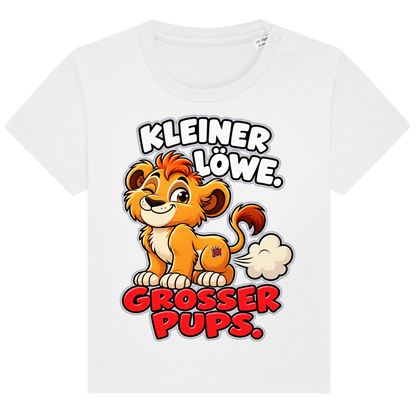 JA Pupsalarm – Baby-T-Shirt in Weiß, Vorderansicht, Frontdruck: Lustiger Löwe: „Kleiner Löwe. Großer Pups.“ – Kinderhumor zum Kichern