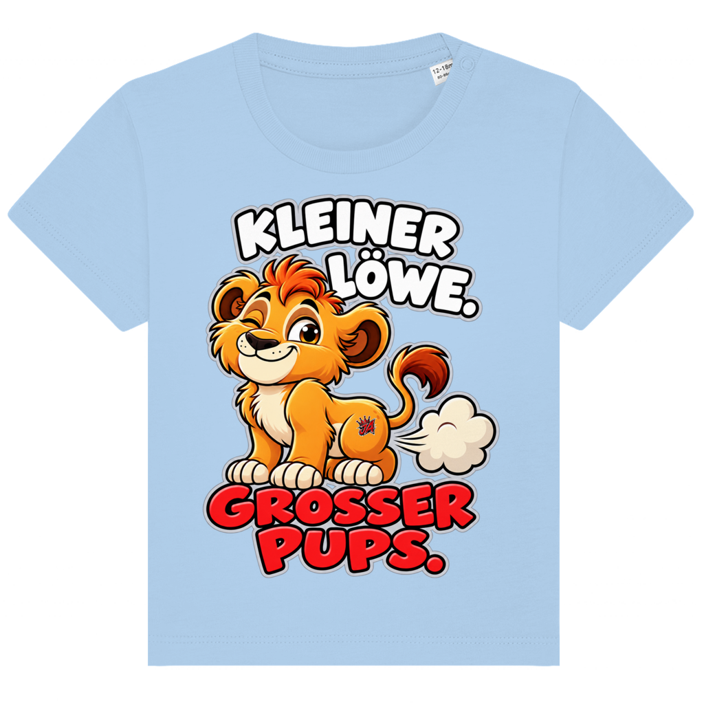 JA Pupsalarm – Baby-T-Shirt in Blau, Vorderansicht, Frontdruck: Lustiger Löwe: „Kleiner Löwe. Großer Pups.“ – Kinderhumor zum Kichern