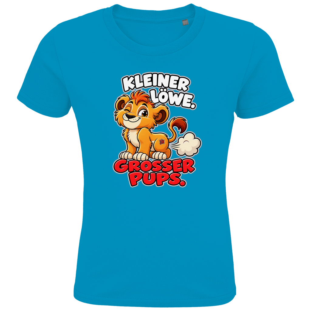 JA Pupsalarm – Kinder-T-Shirt in Aqua, Vorderansicht, Frontdruck: Lustiger Löwe: „Kleiner Löwe. Großer Pups.“ – Kinderhumor zum Kichern