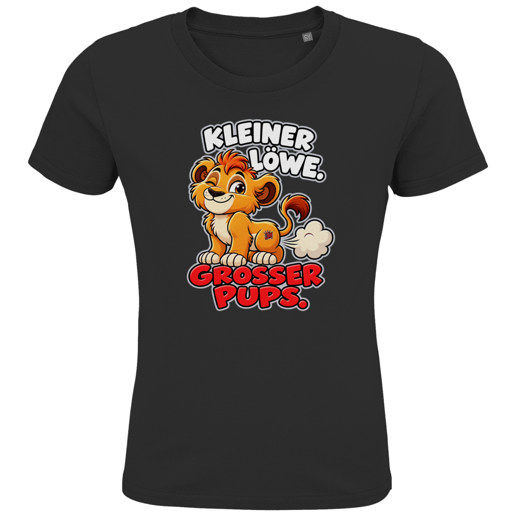 JA Pupsalarm – Kinder-T-Shirt in Schwarz, Vorderansicht, Frontdruck: Lustiger Löwe: „Kleiner Löwe. Großer Pups.“ – Kinderhumor zum Kichern