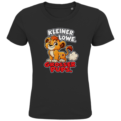 JA Pupsalarm – Kinder-T-Shirt in Schwarz, Vorderansicht, Frontdruck: Lustiger Löwe: „Kleiner Löwe. Großer Pups.“ – Kinderhumor zum Kichern