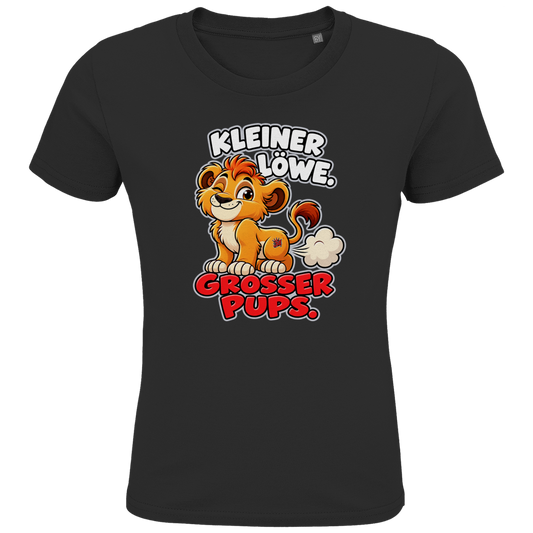 JA Pupsalarm – Kinder-T-Shirt in Schwarz, Vorderansicht, Frontdruck: Lustiger Löwe: „Kleiner Löwe. Großer Pups.“ – Kinderhumor zum Kichern