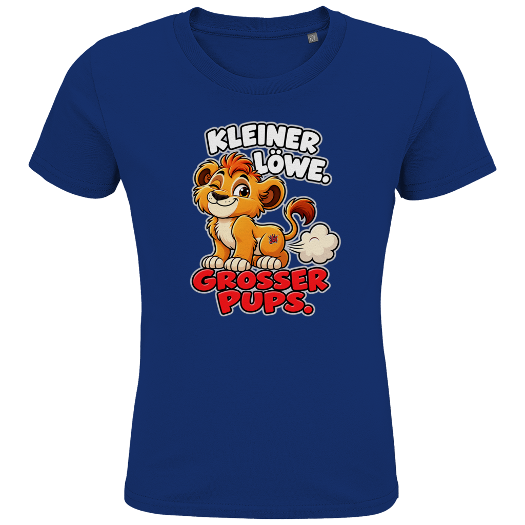 JA Pupsalarm – Kinder-T-Shirt in Royalblau, Vorderansicht, Frontdruck: Lustiger Löwe: „Kleiner Löwe. Großer Pups.“ – Kinderhumor zum Kichern