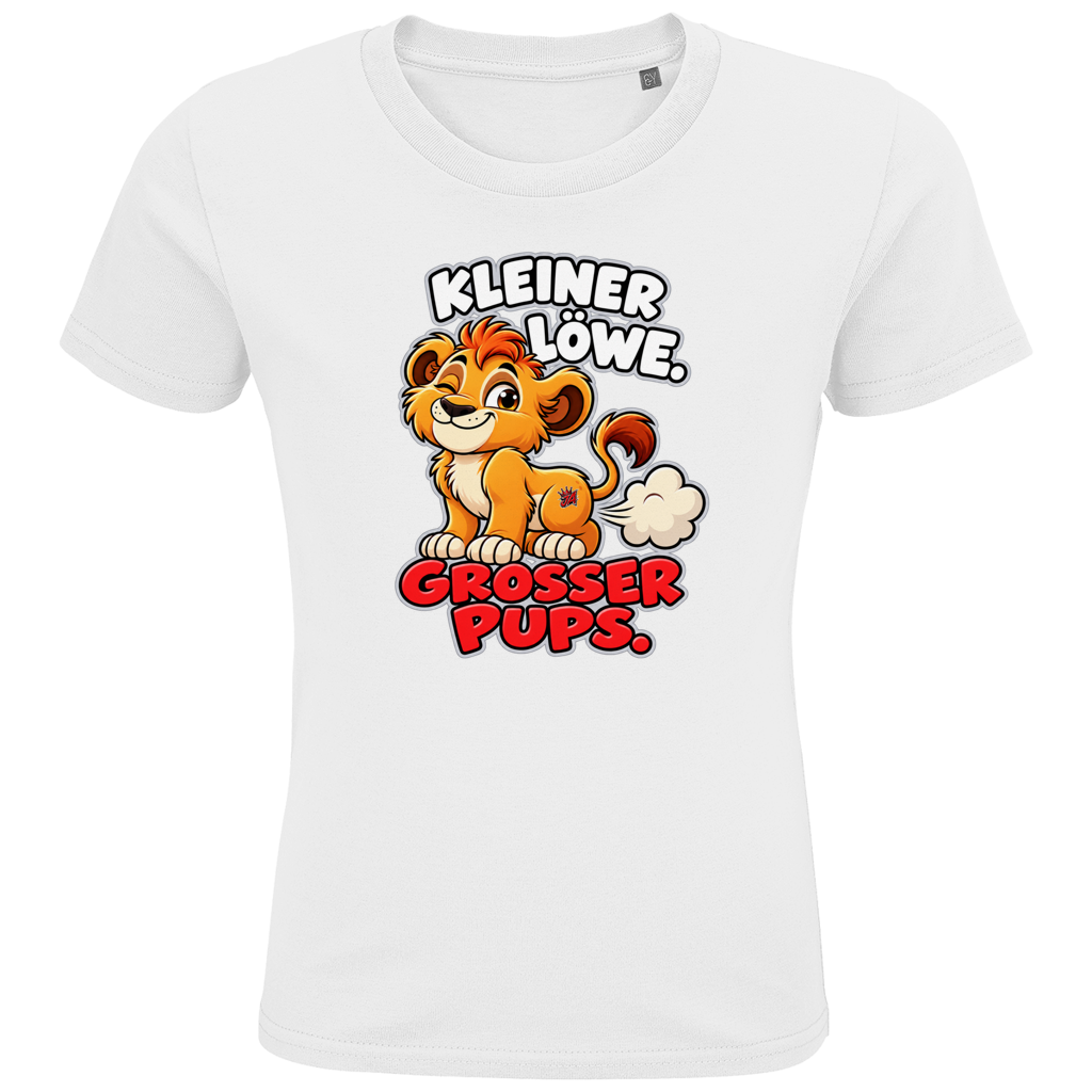 JA Pupsalarm – Kinder-T-Shirt in Weiß, Vorderansicht, Frontdruck: Lustiger Löwe: „Kleiner Löwe. Großer Pups.“ – Kinderhumor zum Kichern