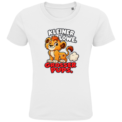 JA Pupsalarm – Kinder-T-Shirt in Weiß, Vorderansicht, Frontdruck: Lustiger Löwe: „Kleiner Löwe. Großer Pups.“ – Kinderhumor zum Kichern