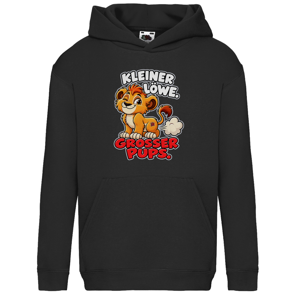 JA Pupsalarm – Kinder-Hoodie in Schwarz, Vorderansicht, Frontdruck: Lustiger Löwe: „Kleiner Löwe. Großer Pups.“ – Kinderhumor zum Kichern