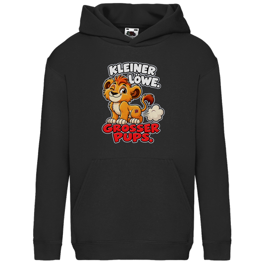 JA Pupsalarm – Kinder-Hoodie in Schwarz, Vorderansicht, Frontdruck: Lustiger Löwe: „Kleiner Löwe. Großer Pups.“ – Kinderhumor zum Kichern